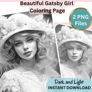 Gorgeous Gatsby Girl, Coloring Page for Adults, Grayscale Coloring Page, Girl portrait, Instant Download, PNG