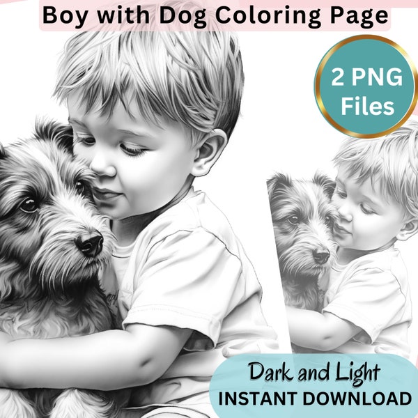 Boy and His Dog Coloring Page for Adults, Grayscale Coloring Page, Light and Dark Version, Instant Download, PNG