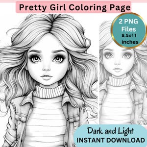 Pretty Girl Portrait Coloring Page for Adults, Grayscale Coloring Page,  Instant Download, PNG, Light and Dark