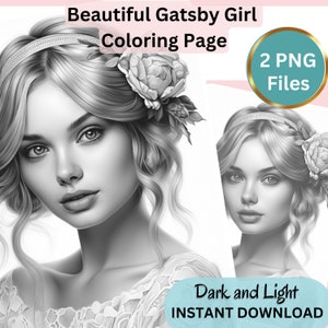 Gorgeous Gatsby Girl, Coloring Page for Adults, Grayscale Coloring Page, Girl portrait, Instant Download, PNG