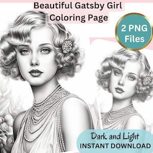 Gorgeous Gatsby Girl, Coloring Page for Adults, Grayscale Coloring Page, Girl portrait, Instant Download, PNG