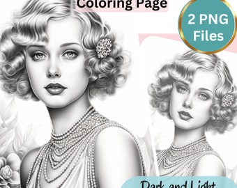 Gorgeous Gatsby Girl, Coloring Page for Adults, Grayscale Coloring Page, Girl portrait, Instant Download, PNG