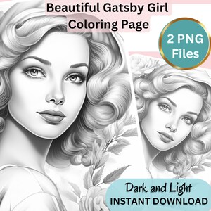Gorgeous Gatsby Girl, Coloring Page for Adults, Grayscale Coloring Page, Girl portrait, Instant Download, PNG