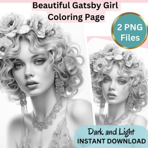 Gorgeous Gatsby Girl, Coloring Page for Adults, Grayscale Coloring Page, Girl portrait, Instant Download, PNG