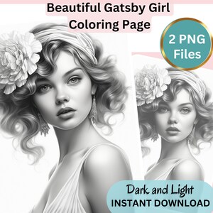 Gorgeous Gatsby Girl, Coloring Page for Adults, Grayscale Coloring Page, Girl portrait, Instant Download, PNG