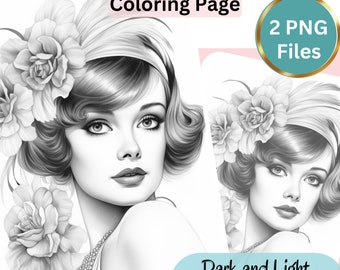 Gorgeous Gatsby Girl, Coloring Page for Adults, Grayscale Coloring Page, Girl portrait, Instant Download, PNG