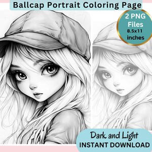 Baseball Girl Portrait Coloring Page for Adults, Grayscale Coloring Page, Fall Coloring, Instant Download, PNG, Light and Dark