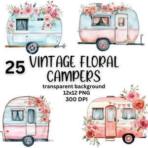 Vintage Campers Clipart, Transparent Background, Junk Journal Clipart, Digital Papers,  Printable Ephemera, Digital Journal Kit