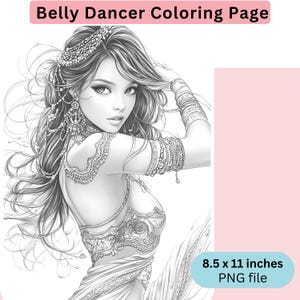 Sexy Belly Dancer Coloring Page for Adults, Harem Grayscale Coloring Page, Fall Coloring, Instant Download, PNG, 8.5 x 11 inches