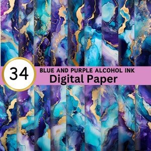 Op de afbeelding: 34 digitale papieren met blauwe en paarse alcoholinkt met gouden accenten. De papieren hebben een marmerachtig, abstract ontwerp.