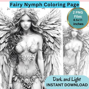 Fairy Nymph Coloring Page for Adults, Grayscale Coloring Page, Fall Coloring, Instant Download, PNG, Light and Dark