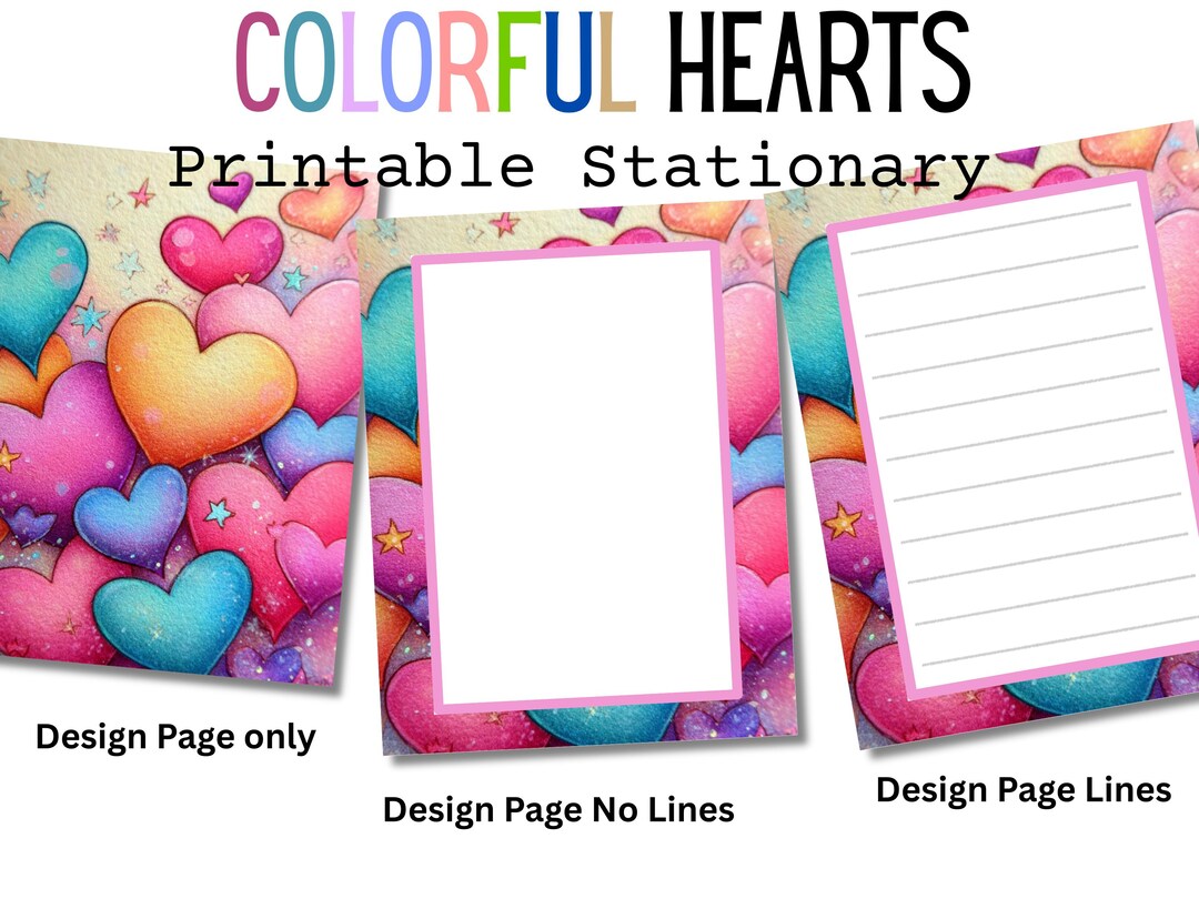 Printable Heart Notes Printable Heart Notepad Paper, Colorful Hearts Paper, Digital Heart ...