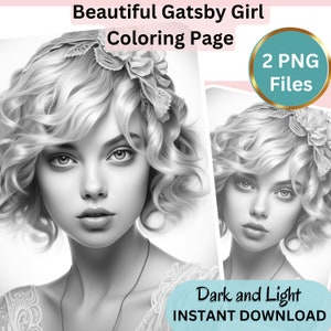 Gorgeous Gatsby Girl, Coloring Page for Adults, Grayscale Coloring Page, Girl portrait, Instant Download, PNG