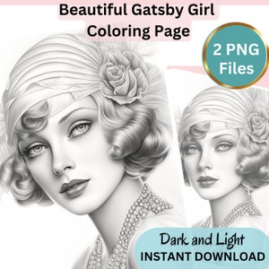 Gorgeous Gatsby Girl, Coloring Page for Adults, Grayscale Coloring Page, Girl portrait, Instant Download, PNG
