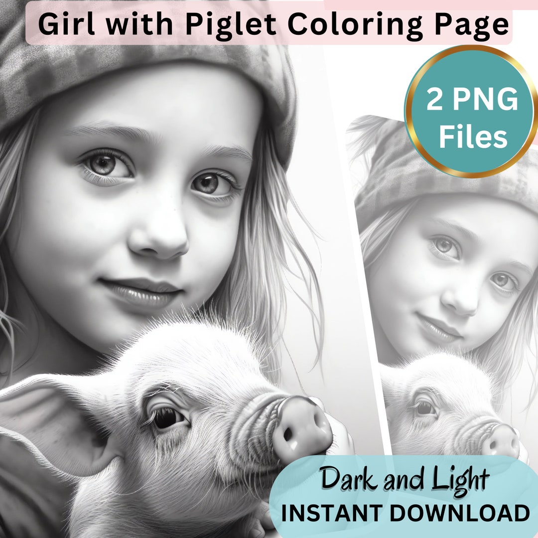 Girl and Her Pig Coloring Page for Adults, Grayscale Coloring Page ...