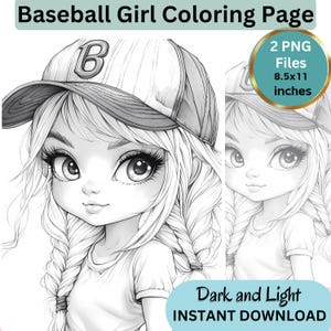 Baseball Girl Portrait Coloring Page for Adults, Grayscale Coloring Page, Fall Coloring, Instant Download, PNG, Light and Dark