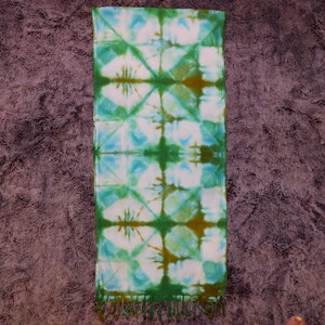 Green and Blue Rayon Lightweight Tie-Dye Scarf - Shibori Triangle Fold Style - Fall Scarf - Tassles