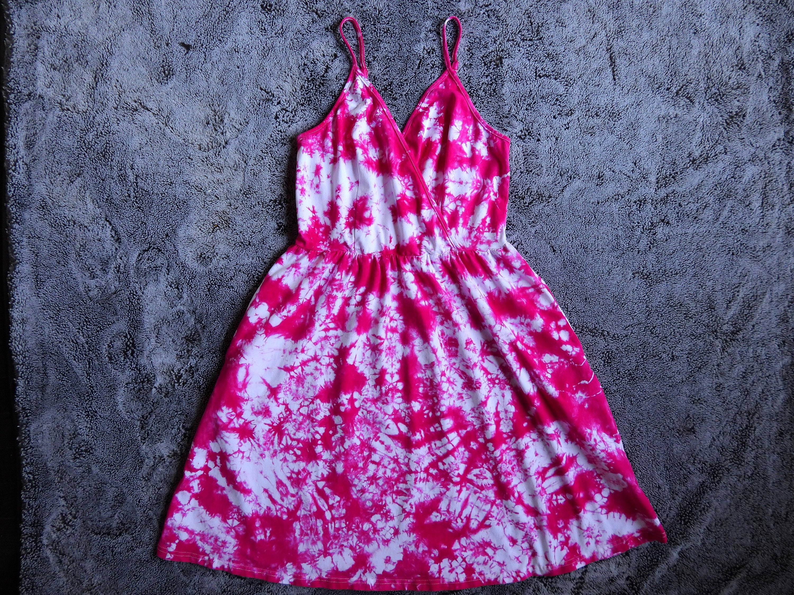 Adult Medium Fuchsia / Hot Pink Tie Dye Sundress with Pockets! Adjustable Spaghetti Straps, V-Neck, Above The Knee Cotton Dress