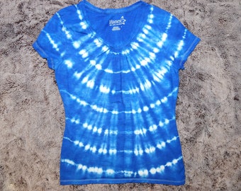 Small Adult V-Neck Sapphire Blue Tie Dye Fitted T-Shirt - SM Women's Short Sleeve Tie Dyed Shirt