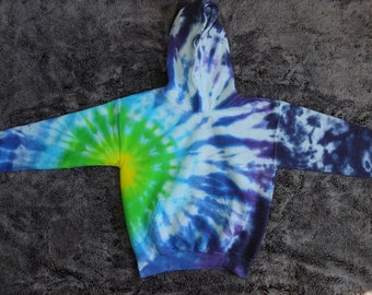 Kids Small Green and Blue Tie Dye Hoodie - Soft Kids Hoodie - Sunburst Hoodie Sweatshirt