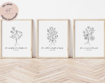 Christian Flower Nursery Decor, Girl Nursery Bible Verse, Baby Girl Nursery Scripture, Flower Line Art, Proverbs 31:25, Set of 3 Prints