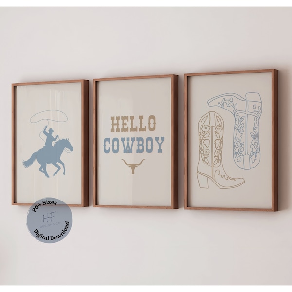 Cowboy Nursery Prints Set of 3 Gallery Wall Art, Blue Rustic Nursery Decor, Western Boy Room Decor, Rodeo Baby Printable Art