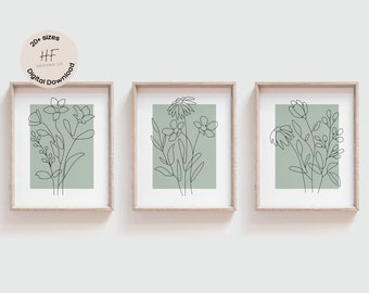 Sage Green Floral Nursery Wall Art Prints Set of 3, Girl Nursery Decor, Bedroom Flower Posters, Wildflower Nursery Prints, Floral Nursery