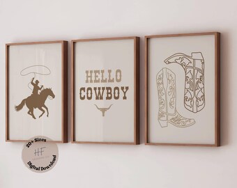 Cowboy Kinderzimmer-Druck-Set 3-Galeriewandkunst, Jungen-Neutrales Kinderzimmerdekor, westliches Kunstdekor, rustikales Kinderzimmer, Rodeo Baby druckbare Wandkunst