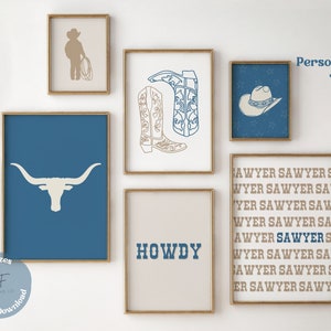 Cowboy Nursery Prints Set of 6 Gallery Wall Art, Blue Beige Nursery Decor, Western Room Decor, Rustic Nursery, Rodeo Baby Printable Wall Art