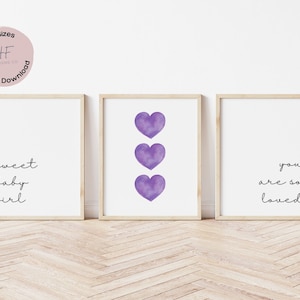 Sweet Baby Girl You Are So Loved Nursery Print, Set of 3, Purple Heart Nursery Wall Art Girl, Baby Shower Gift, Purple Nursery, Minimalist