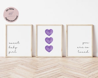 Sweet Baby Girl You Are So Loved Nursery Print, Set of 3, Purple Heart Nursery Wall Art Girl, Baby Shower Gift, Purple Nursery, Minimalist