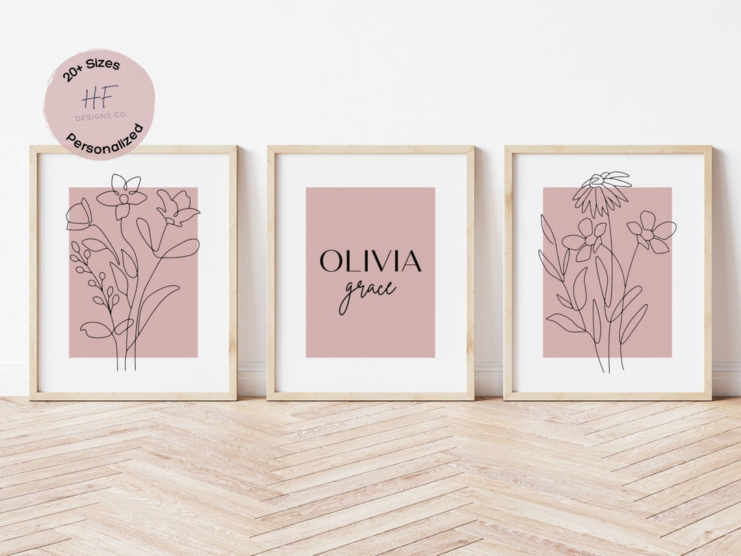 Custom Blush Pink Nursery Wall Art Prints Set of 3, Girl Nursery Decor ...