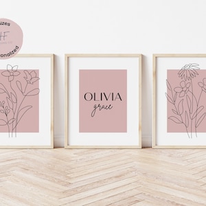 Custom Blush Pink Nursery Wall Art Prints Set of 3, Girl Nursery Decor, Girl Bedroom Flower Poster, Botanical Nursery Prints, Floral Nursery