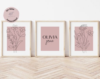 Custom Blush Pink Nursery Wall Art Prints Set of 3, Girl Nursery Decor, Girl Bedroom Flower Poster, Botanical Nursery Prints, Floral Nursery