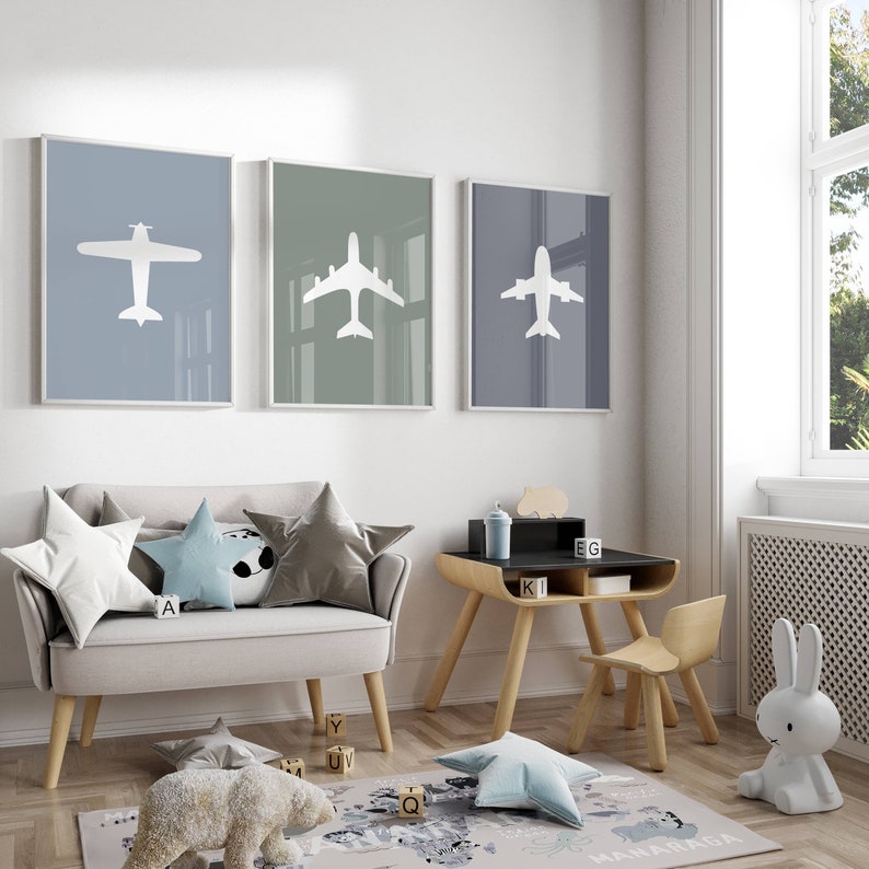 Airplane Nursery Wall Art Set of 3 Boy Nursery Decor Boy Etsy