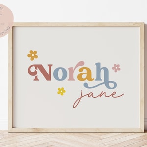 Retro Regenbogen Name Print, Baby Name Poster, personalisierte Kinderzimmer Wanddekoration, Groovy Name Art, Babypartygeschenk