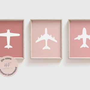 Airplane Nursery Wall Art, Set of 3, Blush Pink Nursery Decor Girl, Plane Bedroom Prints, Plane Room Decor Toddler Girl, Airplane Posters