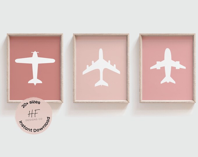 3 Pink Airplane Wall Prints, Airplane Nursery Art, Girl Nursery Set of ...