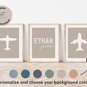 Arte de parede de avião personalizada, conjunto de 3, decoração de berçário de menino, sinal de nome de avião, decoração de berçário de avião personalizada para menino, berçário de transporte