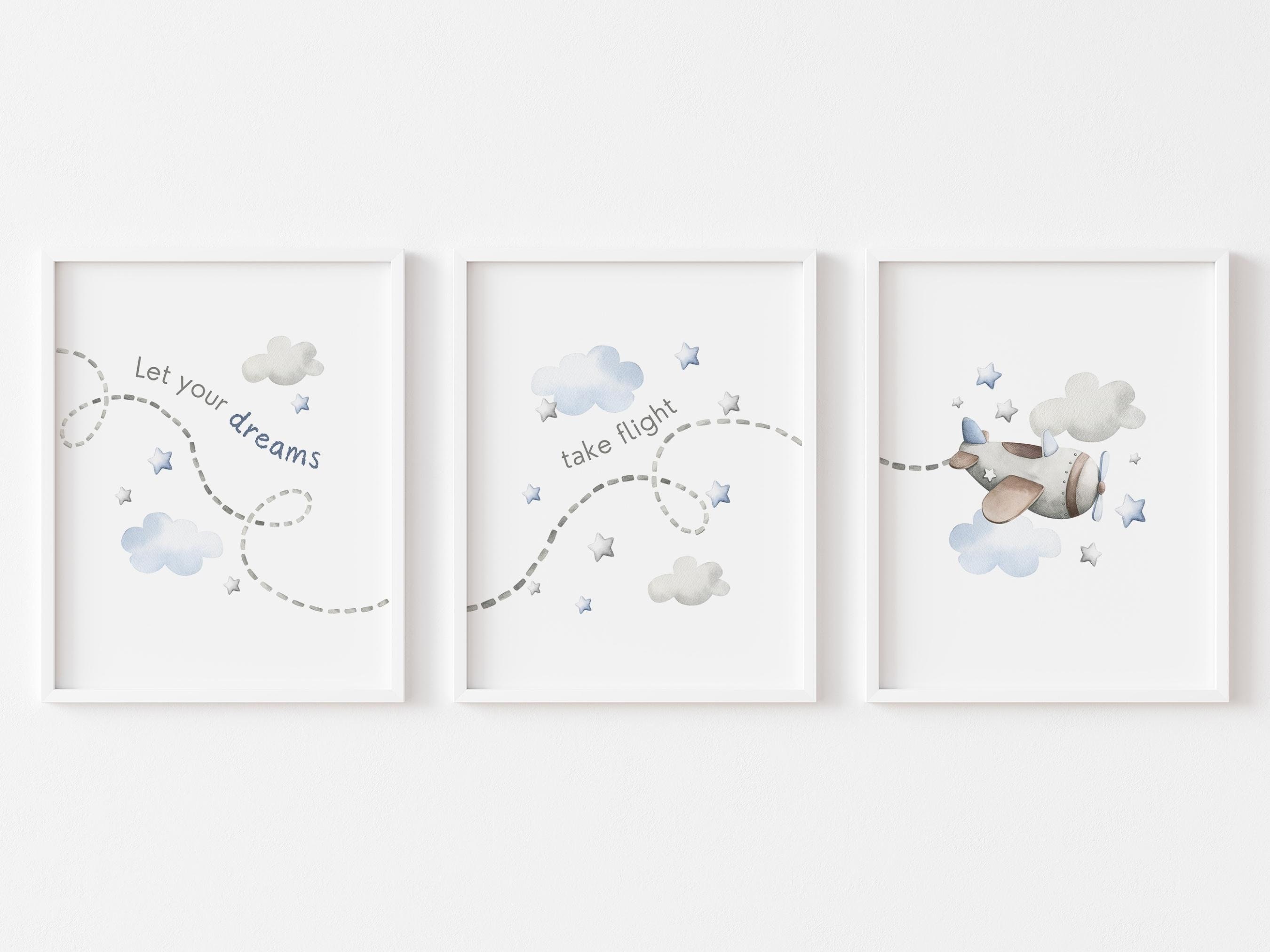 Watercolor Airplane Wall Art, Set of 3, Blue Gray Nursery Decor, Boy ...