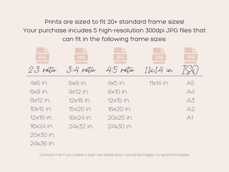 Peut inclure: Tableau montrant les tailles de cadres standard pour les impressions num&eacute;riques dans diff&eacute;rents rapports d'aspect, y compris 2:3, 3:4, 4:5, 11x14 pouces et tailles ISO. Le tableau r&eacute;pertorie les tailles de cadres courantes en pouces pour chaque rapport, telles que 4x6, 6x9, 8x12, 10x15, 12x18, 16x24, 20x30 et 24x36 pouces.