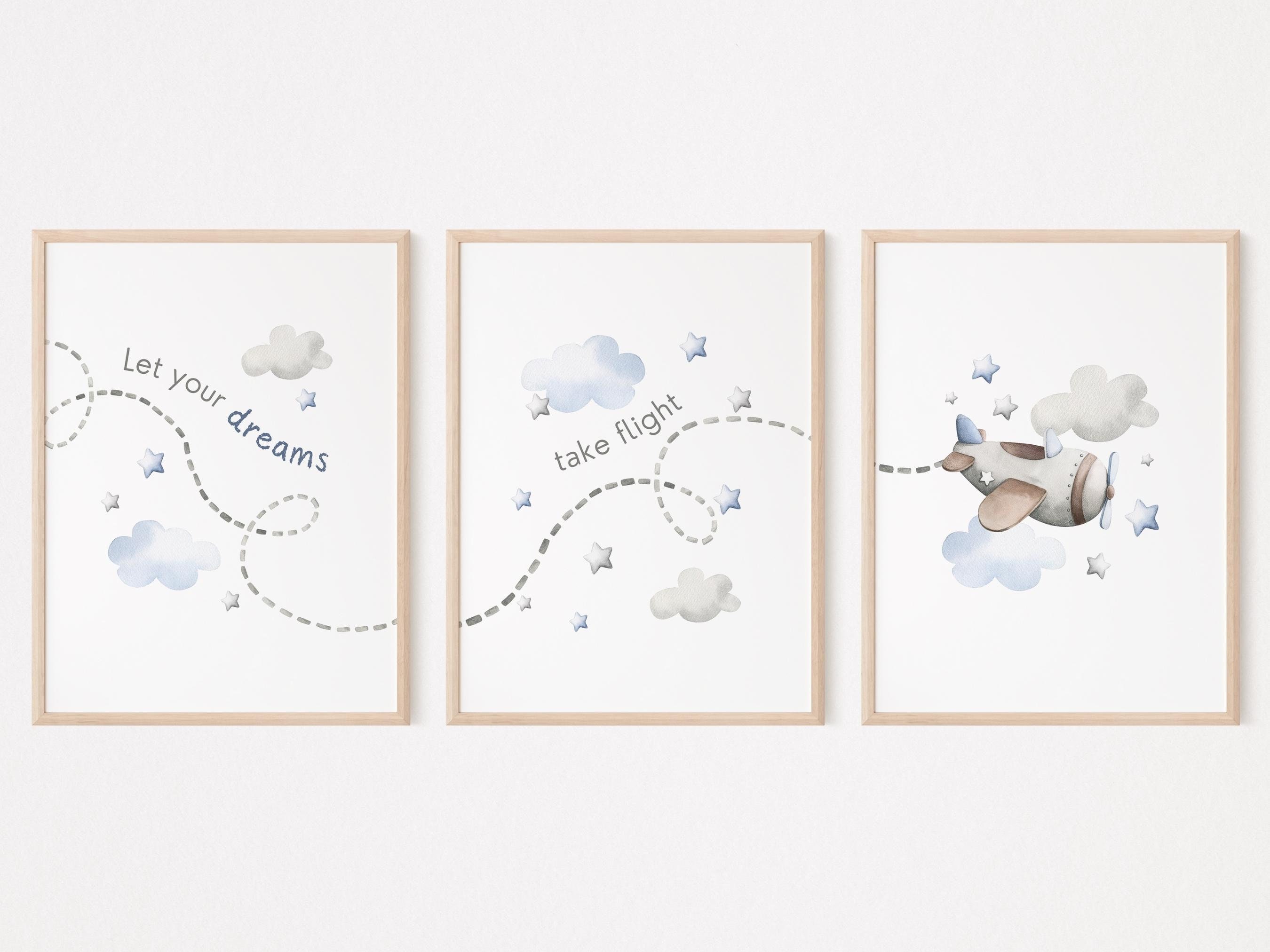 Watercolor Airplane Wall Art, Set of 3, Blue Gray Nursery Decor, Boy ...