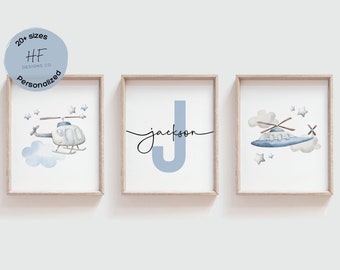 Aquarell Flugzeug Wandkunst, 4er Set, Jungen Kinderzimmer Dekor, Flugzeug Namensschild, personalisierte Flugzeug Kinderzimmer Dekor für Jungen, blau grau Kinderzimmer