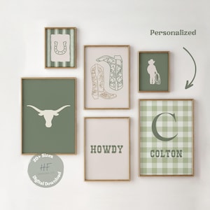 Cowboy Gingham Nursery Gallery Wall Art, Boys Green Nursery Decor, Western Room Decor, Rustic Nursery, Rodeo Baby Set of 6 Wall Art Prints