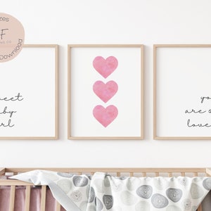 Sweet Baby Girl You Are So Loved Nursery Print, Set of 3, Pink Heart Nursery Wall Art Girl, Baby Shower Gift, Blush Pink Tones, Minimalist