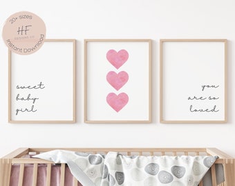 Sweet Baby Girl You Are So Loved Nursery Print, Set of 3, Pink Heart Nursery Wall Art Girl, Baby Shower Gift, Blush Pink Tones, Minimalist