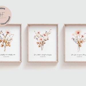 Christian Proverb Floral Neutral Nursery Decor, Set of 3, Bible Verse Nursery Wall Art, Girl Nursery Scripture Printable, Watercolor Floral