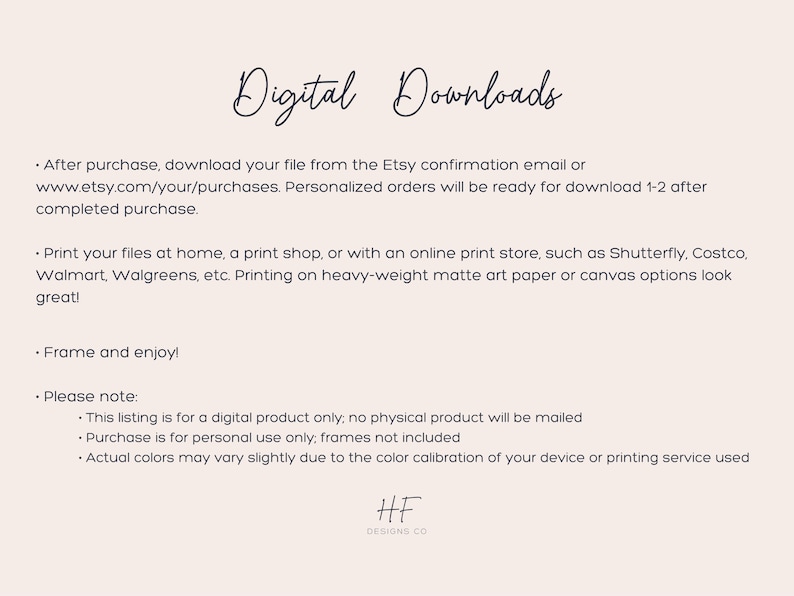 Peut inclure: Instructions de t&eacute;l&eacute;chargement num&eacute;rique pour des illustrations imprimables.  Apr&egrave;s l'achat, t&eacute;l&eacute;chargez votre fichier &agrave; partir de l'e-mail de confirmation Etsy ou du site Web.  Imprimez vos fichiers &agrave; la maison, dans un magasin d'impression ou avec un magasin d'impression en ligne.  Cette offre est uniquement pour un produit num&eacute;rique ; aucun produit physique ne sera exp&eacute;di&eacute;.  L'achat est r&eacute;serv&eacute; &agrave; un usage personnel ; les cadres ne sont pas inclus.  Les couleurs r&eacute;elles peuvent varier l&eacute;g&egrave;rement en raison de l'&eacute;talonnage des couleurs de votre appareil ou de votre service d'impression.  HF Designs Co.