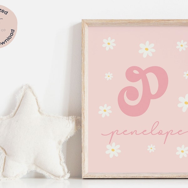 Retro Daisy Name and Initial Print, Retro Name Sign, Baby Name Poster, Personalized Pink Nursery Art, Groovy Name, First Name Initial Print