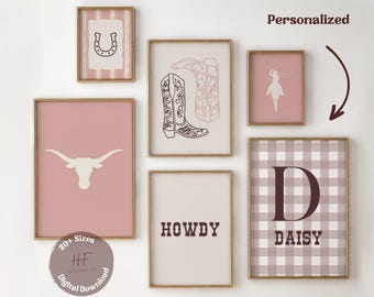 Cowgirl Gingham Nursery Prints Set of 6 Gallery Wall Art, Blush Pink Rustic Nursery Decor, Western Girl Room Decor, Rodeo Baby Printable Art